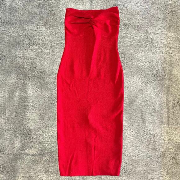 Red Bodycon Lillusory Strapless Ribbed Midi Dress - Picture 1 of 6